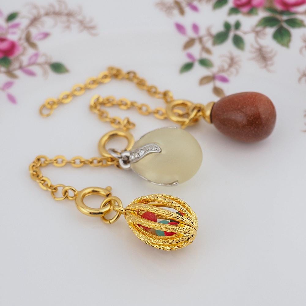Joan Rivers Charms, Joan Rivers Egg, Charm Extension, Set of 3, Faberge Egg, Egg Necklace, Egg Charm, Goldstone Charm, Rhinestone Egg