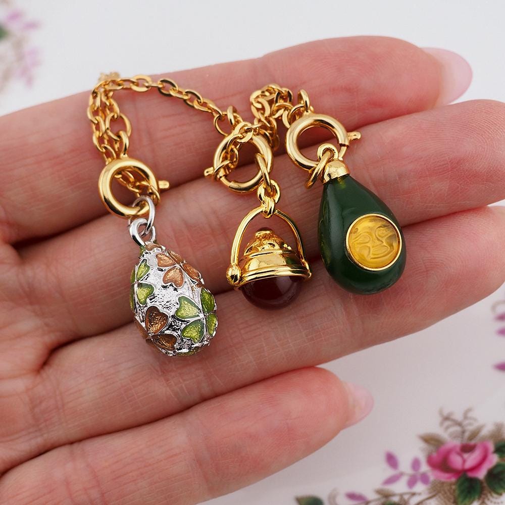 Joan Rivers Charms, Joan Rivers Egg, Egg Charm, Set of 3, Faberge Egg, Egg Necklace, Four Leaf Clover, Faux Jade, Swivel Charm