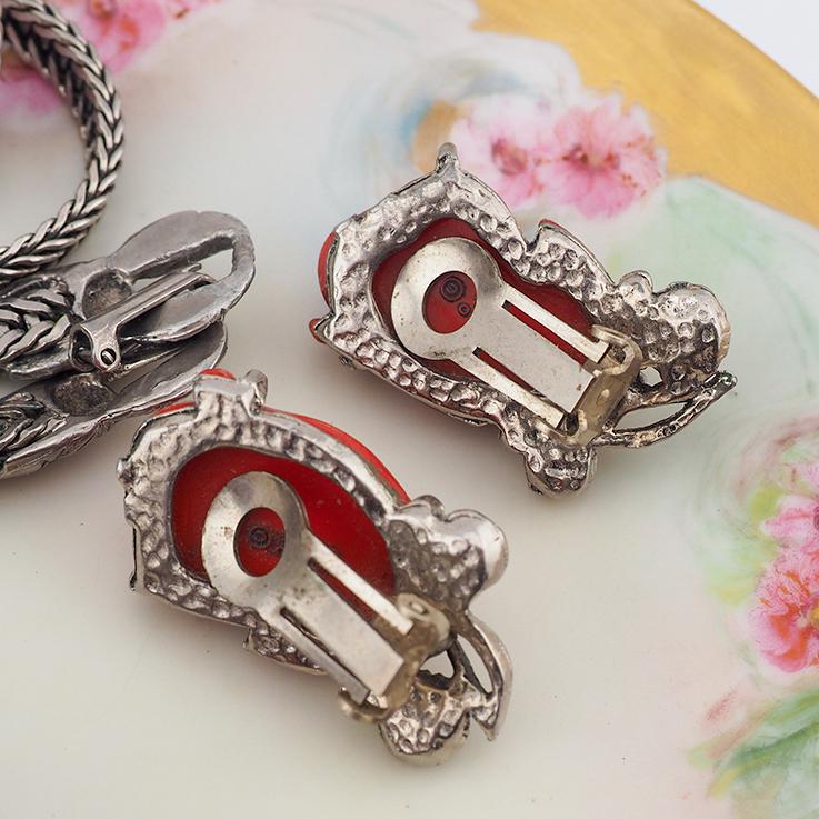 Selro Red Noh Okina Set, Necklace Earring Set, Selro Necklace, Vintage Necklace Set, Selro Noh Mask, Clip Earrings, Slide Necklace, Selro