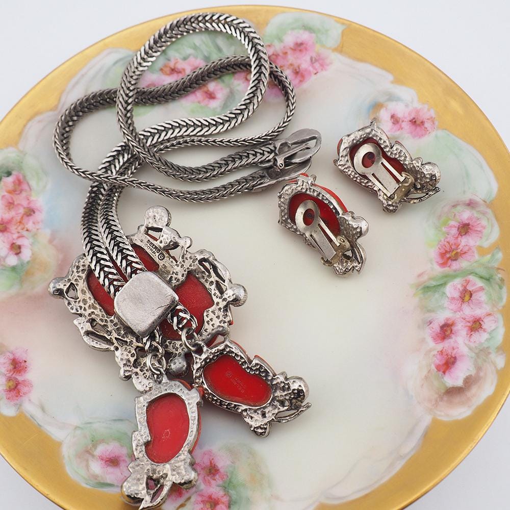 Selro Red Noh Okina Set, Necklace Earring Set, Selro Necklace, Vintage Necklace Set, Selro Noh Mask, Clip Earrings, Slide Necklace, Selro