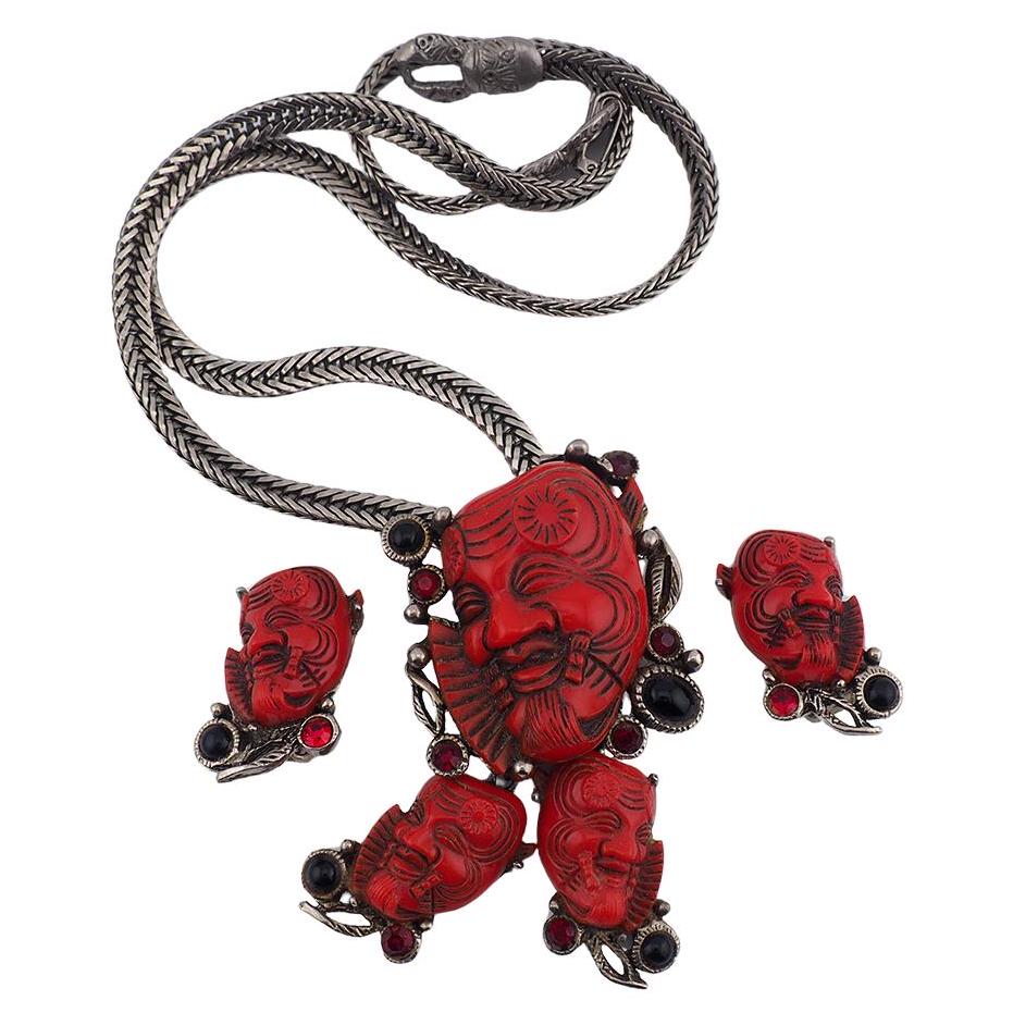 Selro Red Noh Okina Necklace Set