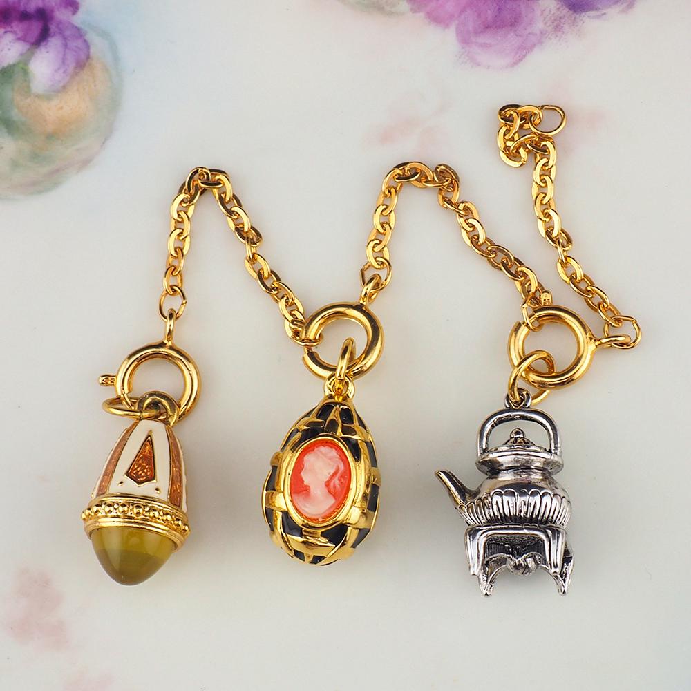 Joan Rivers Charms, Joan Rivers Egg, Egg Charm, Set of 3, Faberge Egg, Egg Necklace, Kettle Charm, Cameo Charm, Enamel Charm, Charm Set