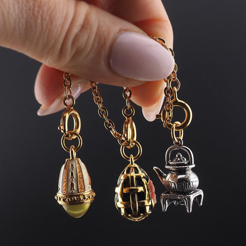 Joan Rivers Charms, Joan Rivers Egg, Egg Charm, Set of 3, Faberge Egg, Egg Necklace, Kettle Charm, Cameo Charm, Enamel Charm, Charm Set