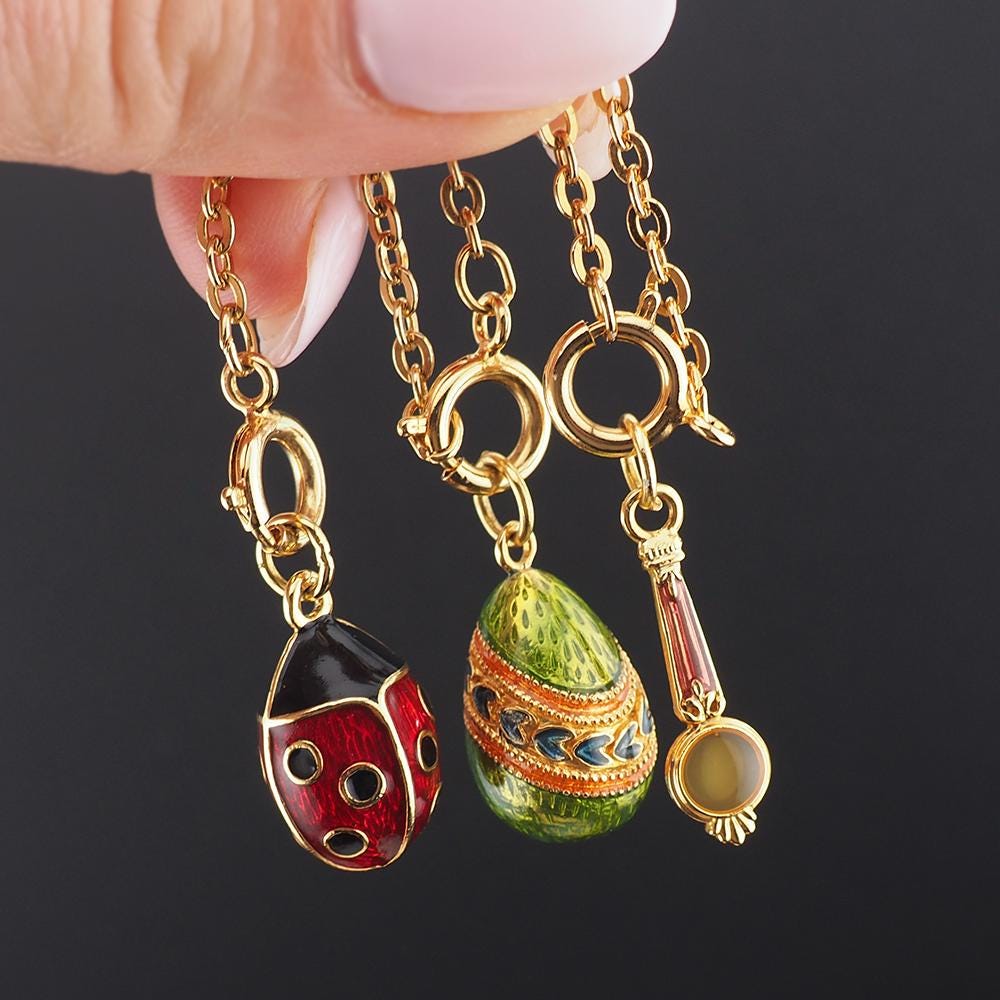 Joan Rivers Charms, Joan Rivers Egg, Egg Charm, Set of 3, Faberge Egg, Egg Necklace, Ladybug Charm, Magnifier Charm, Enamel Charm, Charm Set