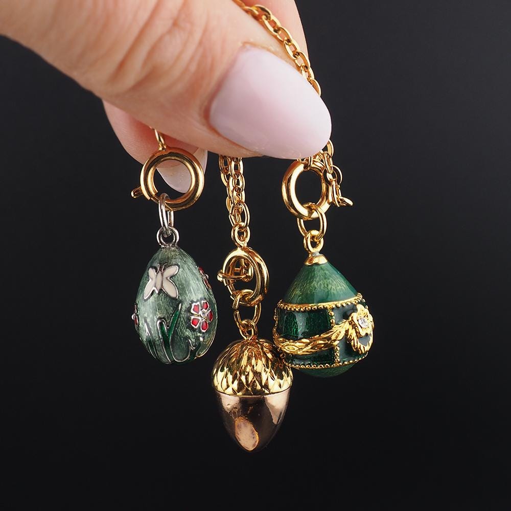 Joan Rivers Charms, Joan Rivers Egg, Egg Charm, Set of 3, Faberge Egg, Egg Necklace, Enamel Egg Charm, Acorn Charm, Flower Charm, Charm Set