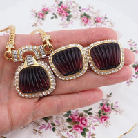 Oscar De La Renta, Necklace Earring Set, Vintage Necklace Set, Ribbed Glass, Designer Jewelry, ODLR, Gold Tone Jewelry, Luxury Jewelry