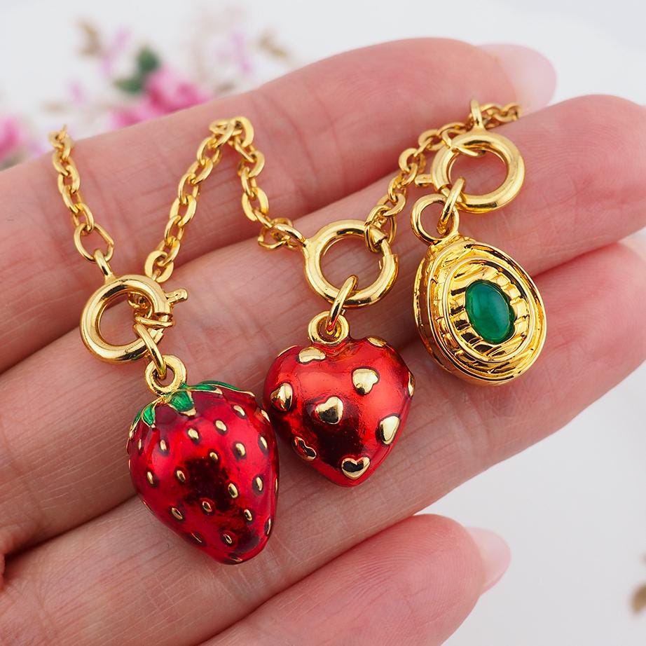 Joan Rivers Charms, Joan Rivers Egg, Egg Charm, Set of 3, Faberge Egg, Egg Necklace, Strawberry Charm, Heart Charm, Jade Egg Charm