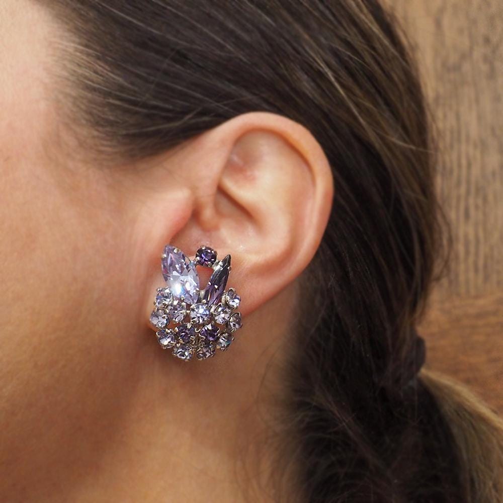 Sherman Earrings, Alexandrite Rhinestone Earrings, Clip On, Crystal Earrings, Vintage Rhinestone Earrings, Bridal Earrings, Cluster Earrings
