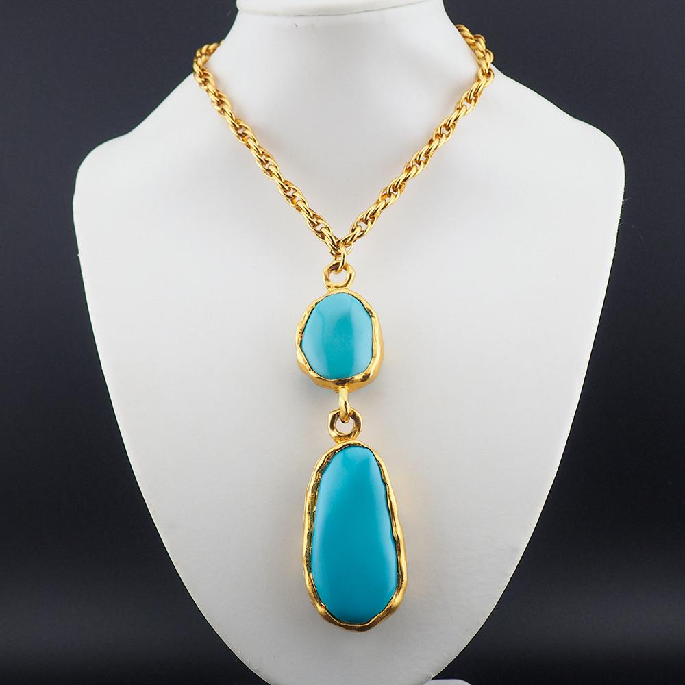Kenneth Lane Necklace, Long Necklace, Blue Necklace, KJL Necklace, Acrylic Necklace, Kenneth Lane, Turquoise Blue Necklace, Gold Tone