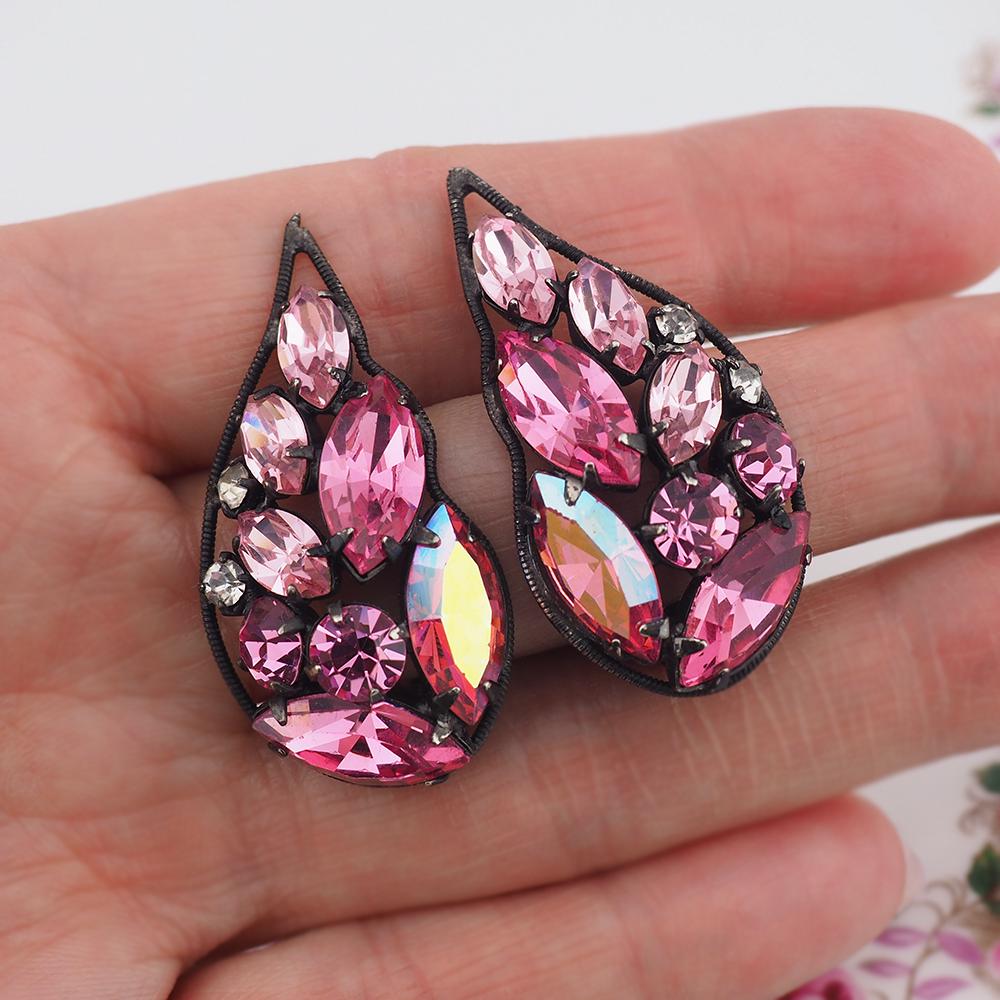 Vintage La Roco Earrings, Pink Rhinestone Earrings, Wing Earrings, Japanned Rhinestone Earrings, Mid-Century Earrings, Clip On Earrings