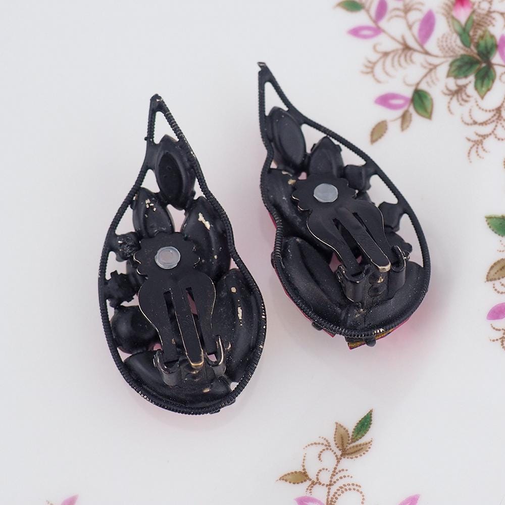 Vintage La Roco Earrings, Pink Rhinestone Earrings, Wing Earrings, Japanned Rhinestone Earrings, Mid-Century Earrings, Clip On Earrings