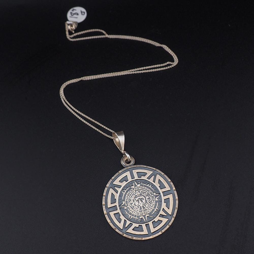 Aztec Pendant, Sun Stone Pendant, Aztec Necklace, 950 Silver, Aztec Calendar, Tribal Pendant, Silver Pendant, Mexican Pendant, Round Pendant