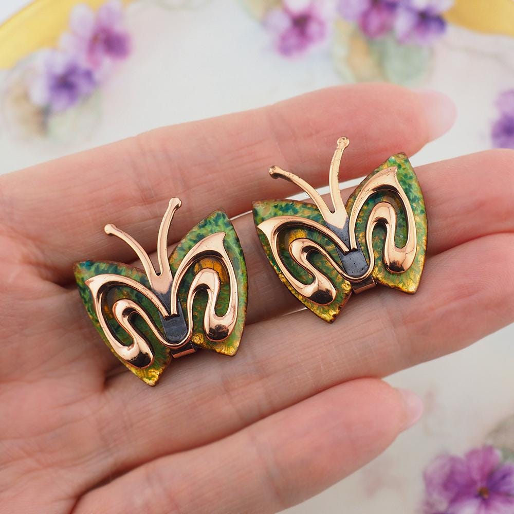 Matisse Earrings, Butterfly Earrings, Copper Earrings, Midcentury Earrings, Clip On Earrings, Enamel Earrings, Vintage Earrings, Matisse