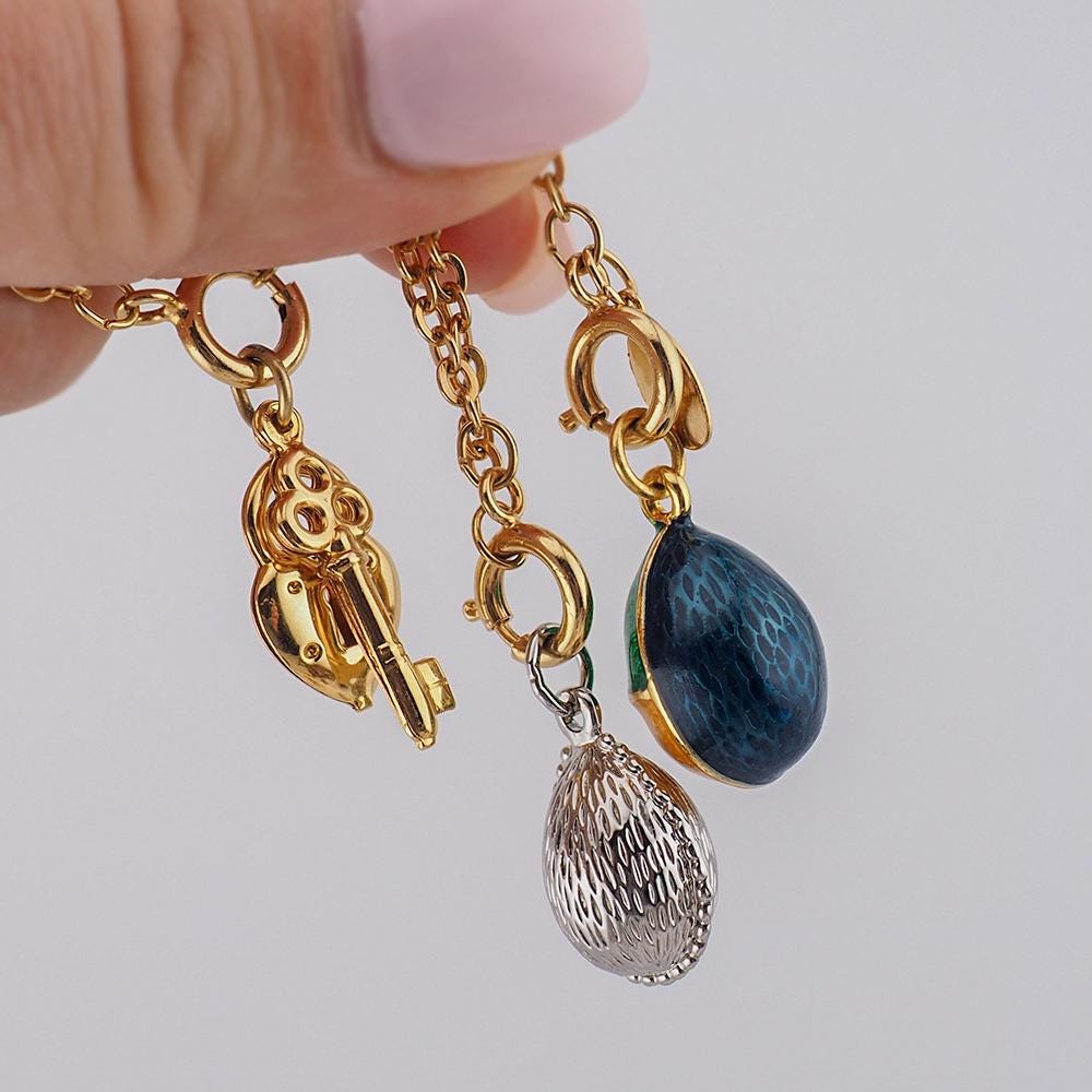 Joan Rivers Charms, Joan Rivers Egg, Egg Charm, Set of 3, Faberge Egg, Egg Necklace, Lock and Key Charm, Enamel Egg Charm, Charm Set