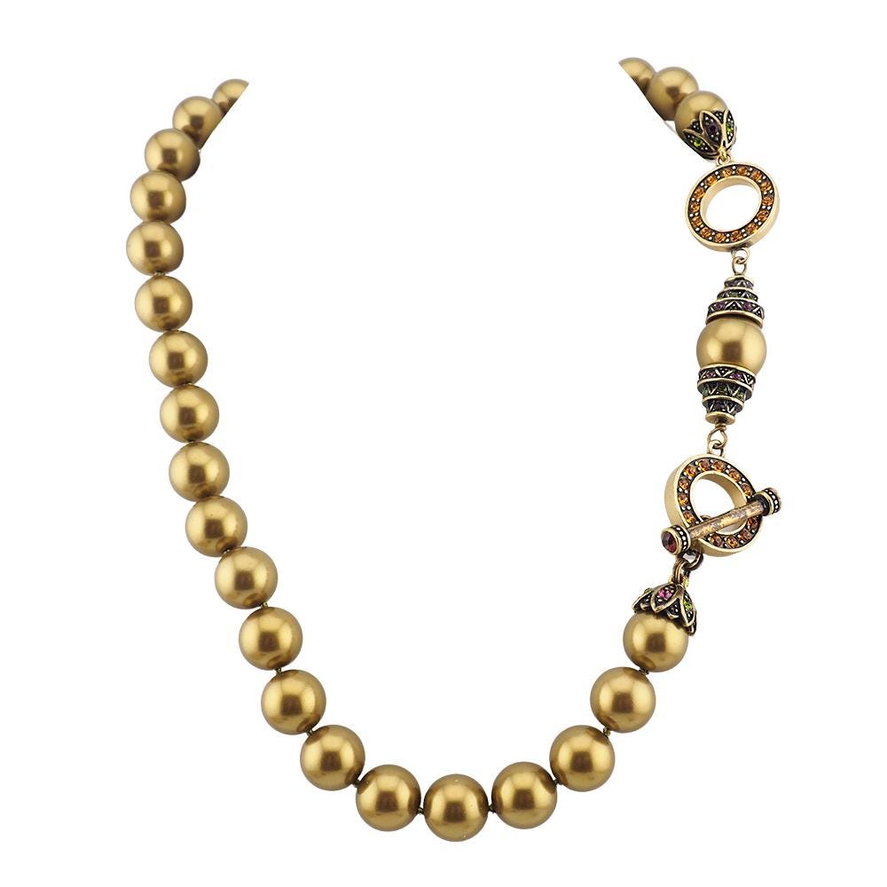 Heidi Daus Necklace, Olive Pearl Beads, Green Glass Pearls, Toggle Necklace, Beaded Necklace, Chunky Necklace, Green Bead Necklace