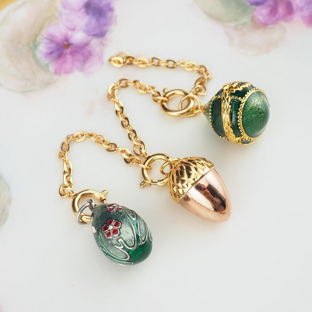 Joan Rivers Charms, Joan Rivers Egg, Egg Charm, Set of 3, Faberge Egg, Egg Necklace, Enamel Egg Charm, Acorn Charm, Flower Charm, Charm Set