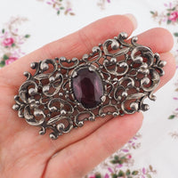 Coro Brooch, Victorian Style Brooch, Vintage Brooch, Silver Brooch, Garnet Glass Brooch, Vintage Coro, Filigree Brooch, Scrollwork Brooch
