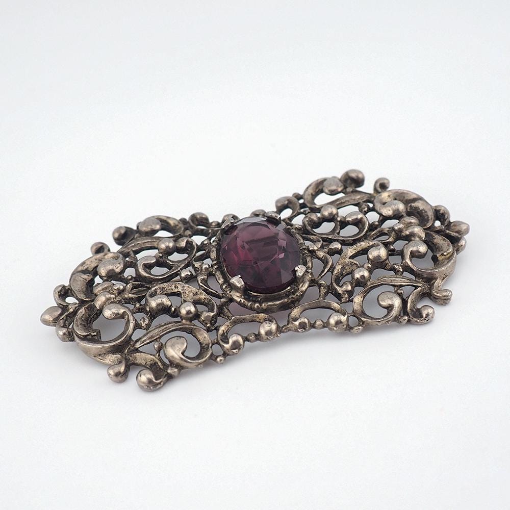 Coro Brooch, Victorian Style Brooch, Vintage Brooch, Silver Brooch, Garnet Glass Brooch, Vintage Coro, Filigree Brooch, Scrollwork Brooch