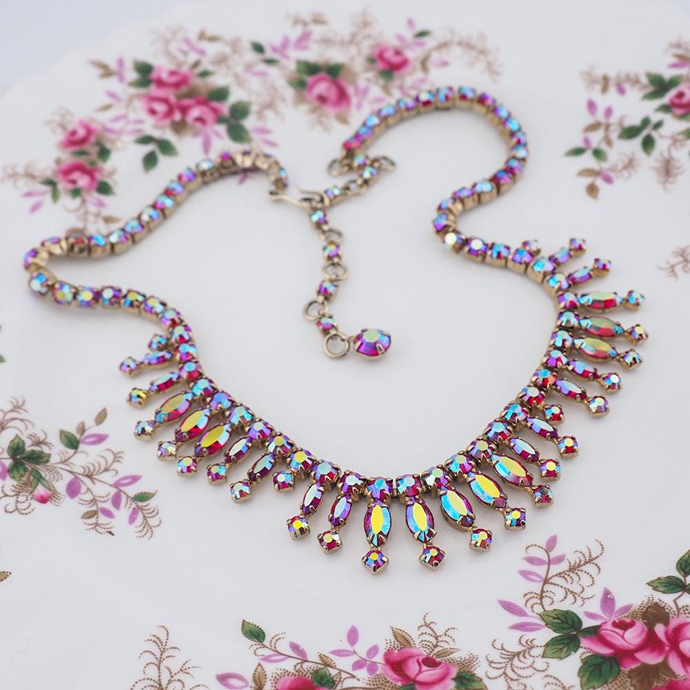 Sherman Necklace, Vintage Necklace, Sherman Jewelry, Rhinestone Necklace, Sherman Fuchsia, Crystal Necklace, Scallop Necklace, Gift For Her