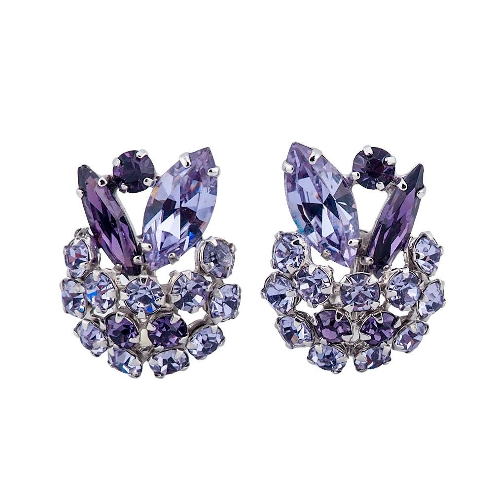 Sherman Earrings, Alexandrite Rhinestone Earrings, Clip On, Crystal Earrings, Vintage Rhinestone Earrings, Bridal Earrings, Cluster Earrings