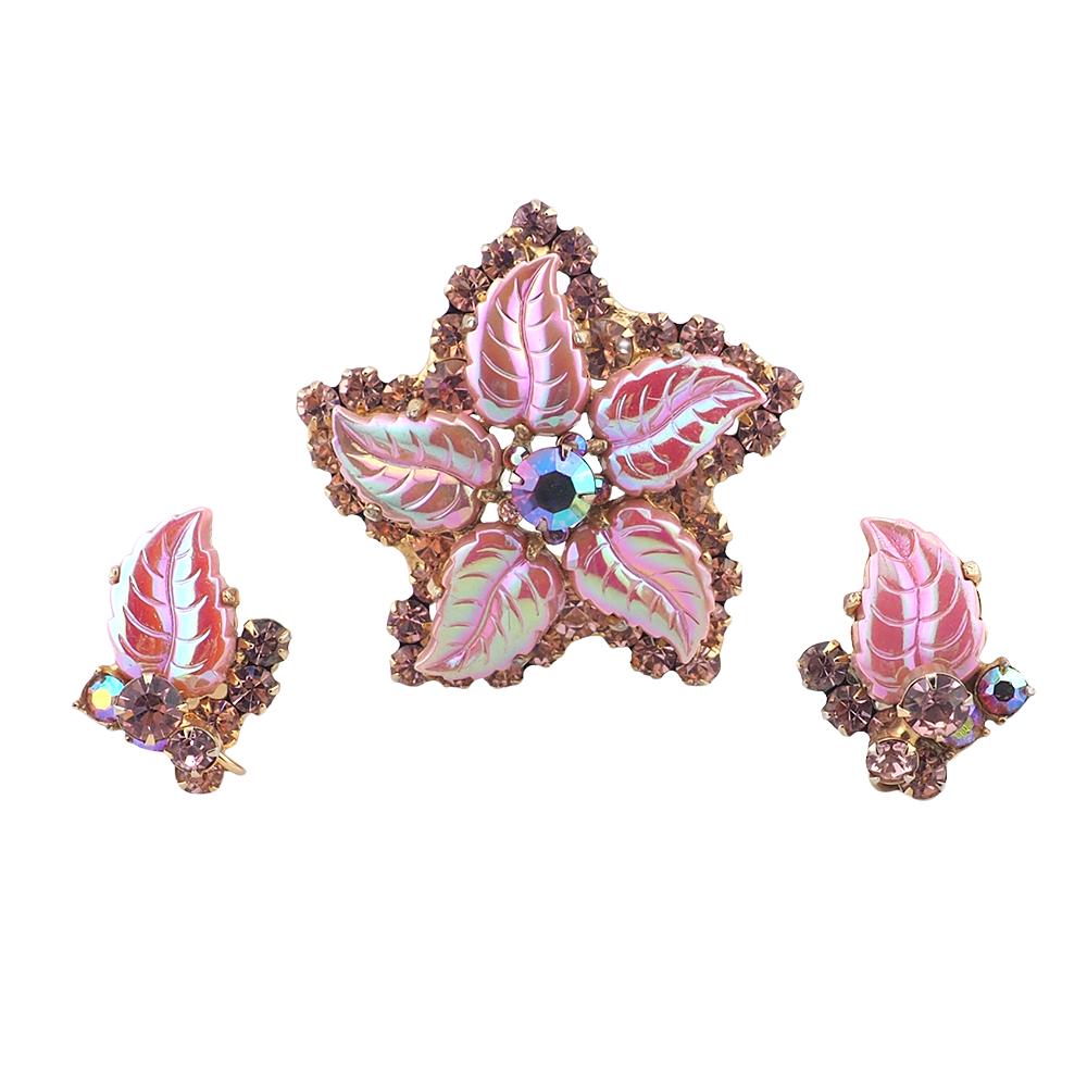 Juliana Brooch Set, Pink Rhinestone Set, Juliana Set, Juliana Pink Leaves, Leaf Brooch, Vintage Rhinestone Set, Pink Rhinestone Brooch