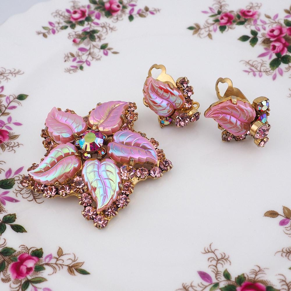 Juliana Brooch Set, Pink Rhinestone Set, Juliana Set, Juliana Pink Leaves, Leaf Brooch, Vintage Rhinestone Set, Pink Rhinestone Brooch