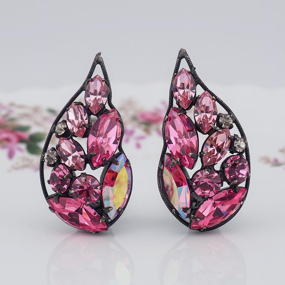 Vintage La Roco Earrings, Pink Rhinestone Earrings, Wing Earrings, Japanned Rhinestone Earrings, Mid-Century Earrings, Clip On Earrings