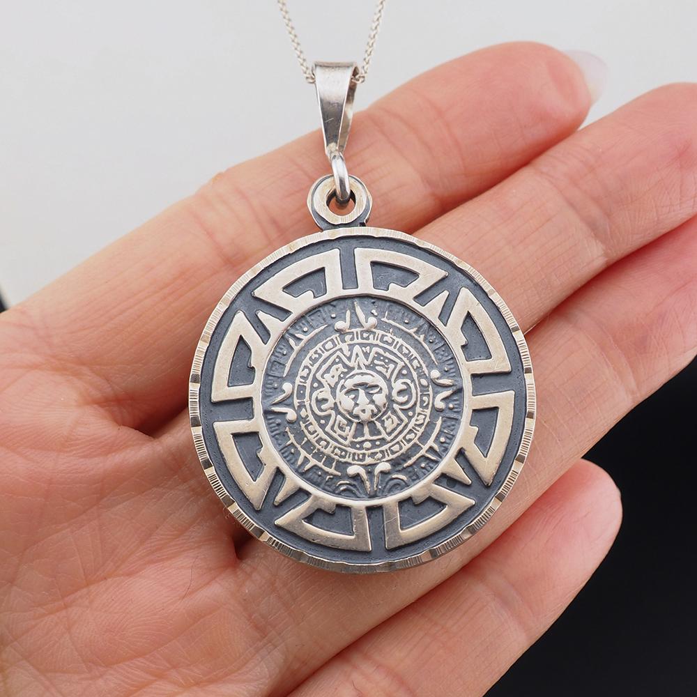 Aztec Pendant, Sun Stone Pendant, Aztec Necklace, 950 Silver, Aztec Calendar, Tribal Pendant, Silver Pendant, Mexican Pendant, Round Pendant