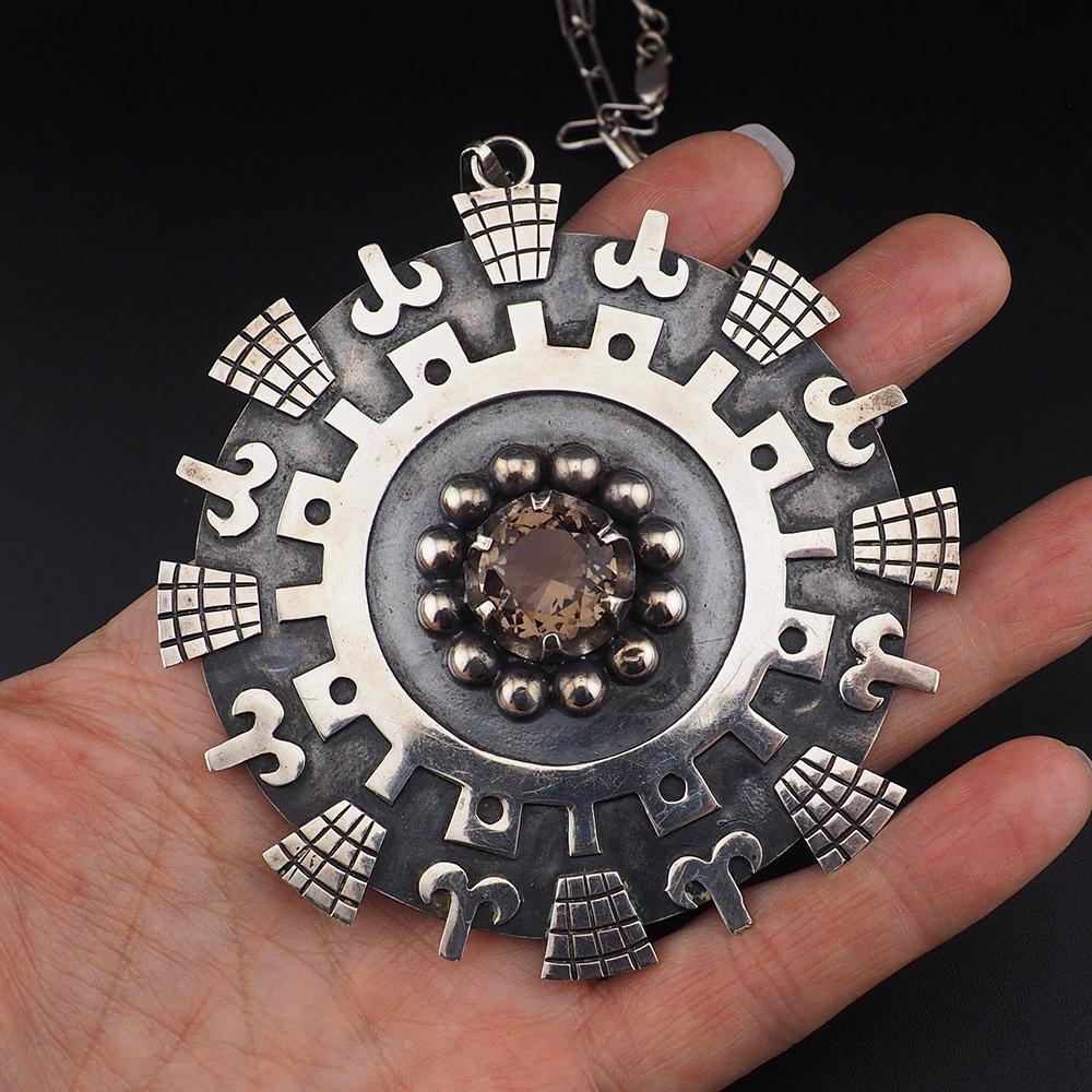 Huge Mexican Sterling Pendant, Smoky Quartz Pendant, Aztec Mayan Design, Vintage Silver Pendant, Iguala Mexico Pendant, 925 Silver Pendant