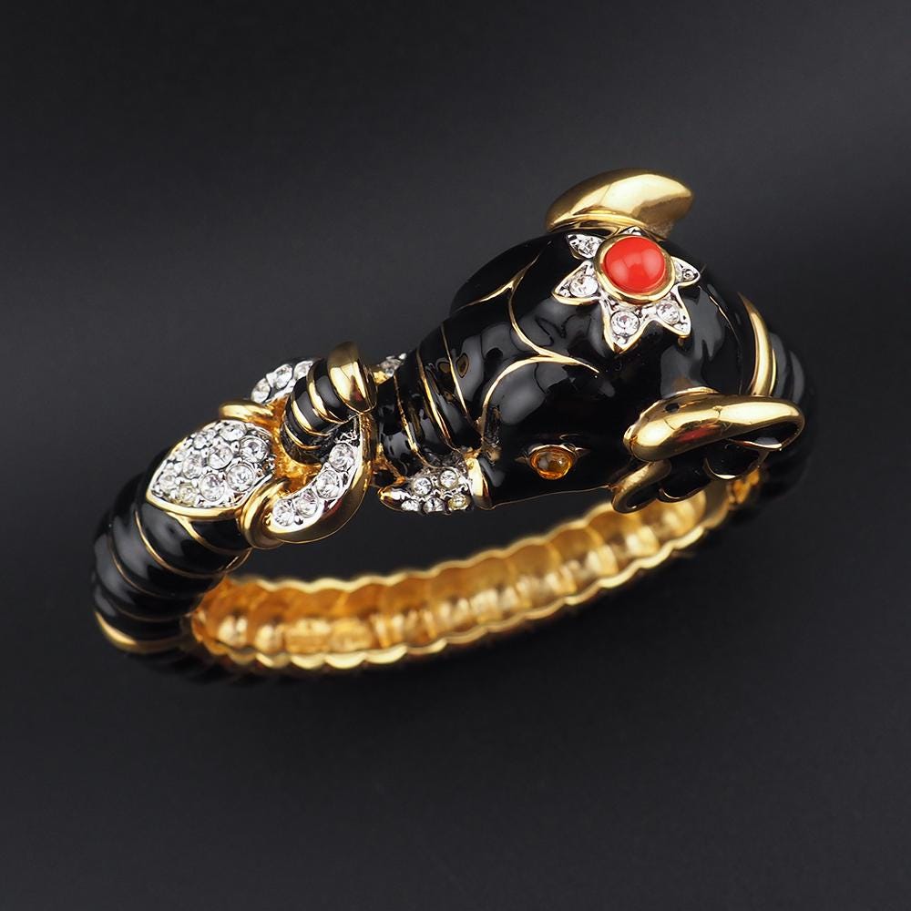 KJL Elephant Bracelet, Gold Animal Bangle, Black Enamel Bracelet, Elephant Jewelry, Gold Enamel Cuff, Animal Head Cuff, Lucky Elephant, KJL