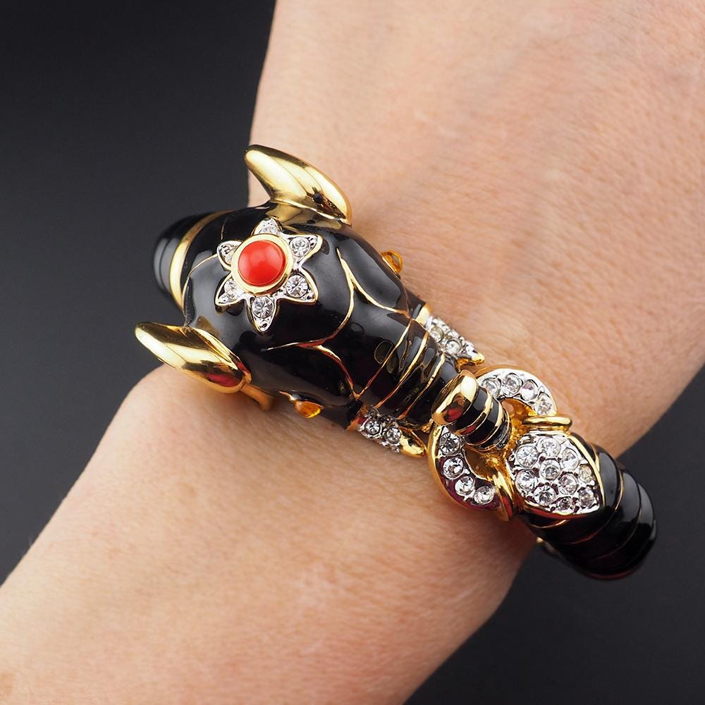 KJL Elephant Bracelet, Gold Animal Bangle, Black Enamel Bracelet, Elephant Jewelry, Gold Enamel Cuff, Animal Head Cuff, Lucky Elephant, KJL