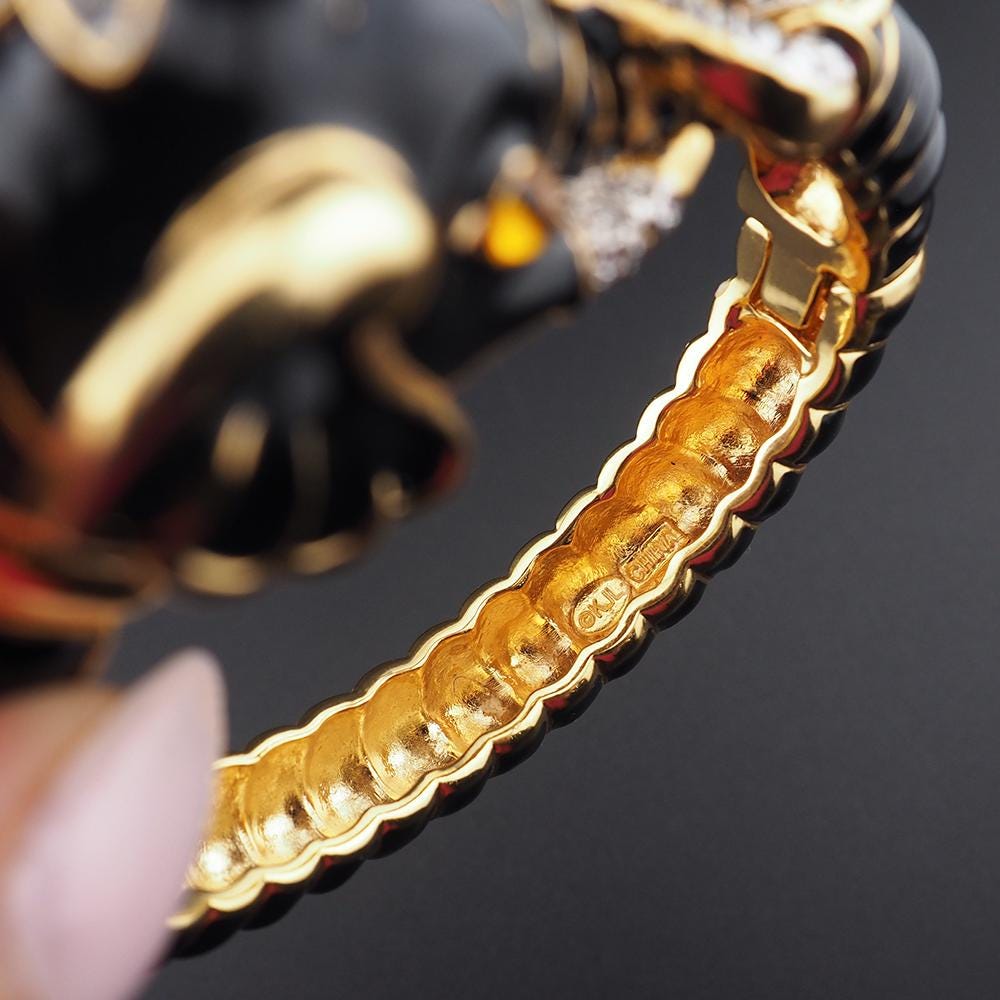 KJL Elephant Bracelet, Gold Animal Bangle, Black Enamel Bracelet, Elephant Jewelry, Gold Enamel Cuff, Animal Head Cuff, Lucky Elephant, KJL