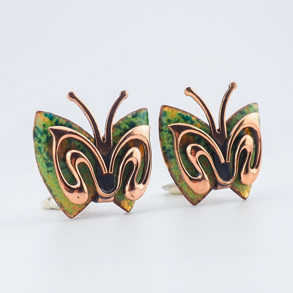 Matisse Earrings, Butterfly Earrings, Copper Earrings, Midcentury Earrings, Clip On Earrings, Enamel Earrings, Vintage Earrings, Matisse