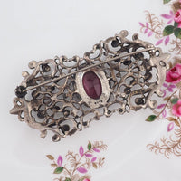 Coro Brooch, Victorian Style Brooch, Vintage Brooch, Silver Brooch, Garnet Glass Brooch, Vintage Coro, Filigree Brooch, Scrollwork Brooch