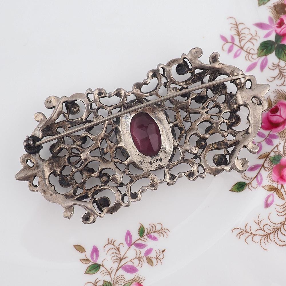 Coro Brooch, Victorian Style Brooch, Vintage Brooch, Silver Brooch, Garnet Glass Brooch, Vintage Coro, Filigree Brooch, Scrollwork Brooch