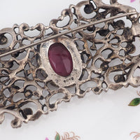 Coro Brooch, Victorian Style Brooch, Vintage Brooch, Silver Brooch, Garnet Glass Brooch, Vintage Coro, Filigree Brooch, Scrollwork Brooch