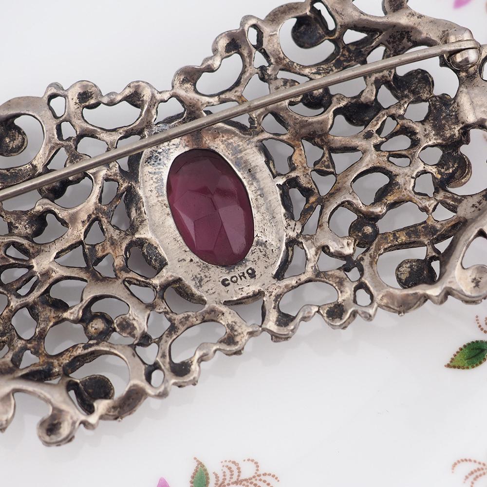 Coro Brooch, Victorian Style Brooch, Vintage Brooch, Silver Brooch, Garnet Glass Brooch, Vintage Coro, Filigree Brooch, Scrollwork Brooch