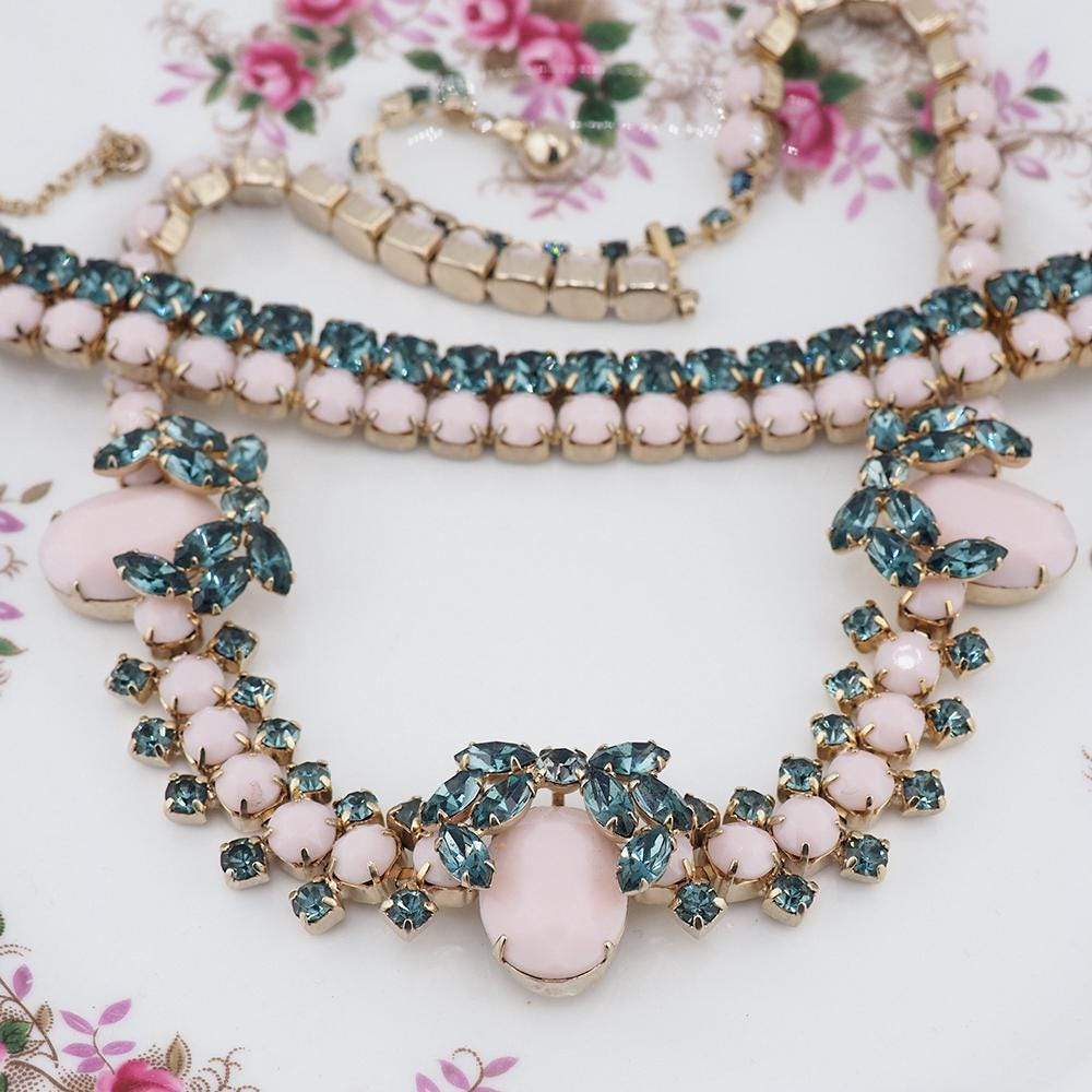 Sherman Necklace, Sherman Bracelet, Sherman Opaque Jewelry, Vintage Sherman Jewelry, Signed Sherman Set, 1950s Jewelry Set, Rhinestone Set