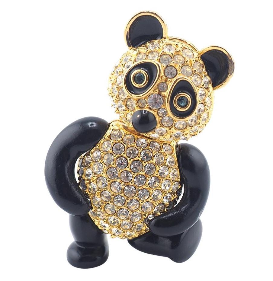 Joan Rivers Panda Brooch, Articulated Bear Brooch, Crystal Panda Pin, Black Enamel Panda, Sparkly Animal Brooch, Vintage Joan Rivers Jewelry