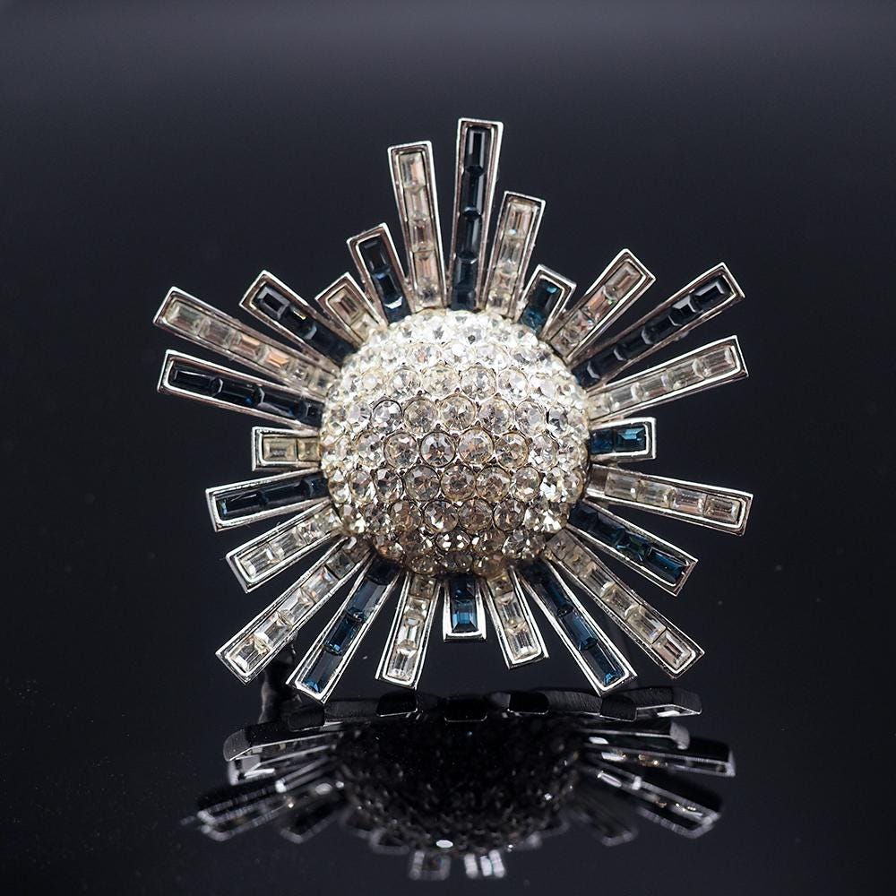 Starburst Brooch, Designer Brooch, High End Brooch, Vintage Brooch, Blue Rhinestone Brooch, Atomic Brooch, Mid Century Brooch