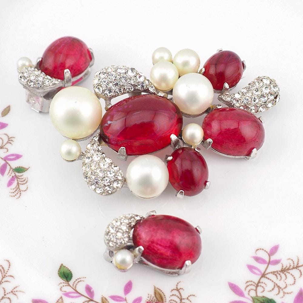 Vintage Marvella Brooch And Earrings, Faux Ruby Cabochon Set, Faux Pearl Brooch, Rhinestone Brooch, Rare Marvella Jewelry, Rare Marvella