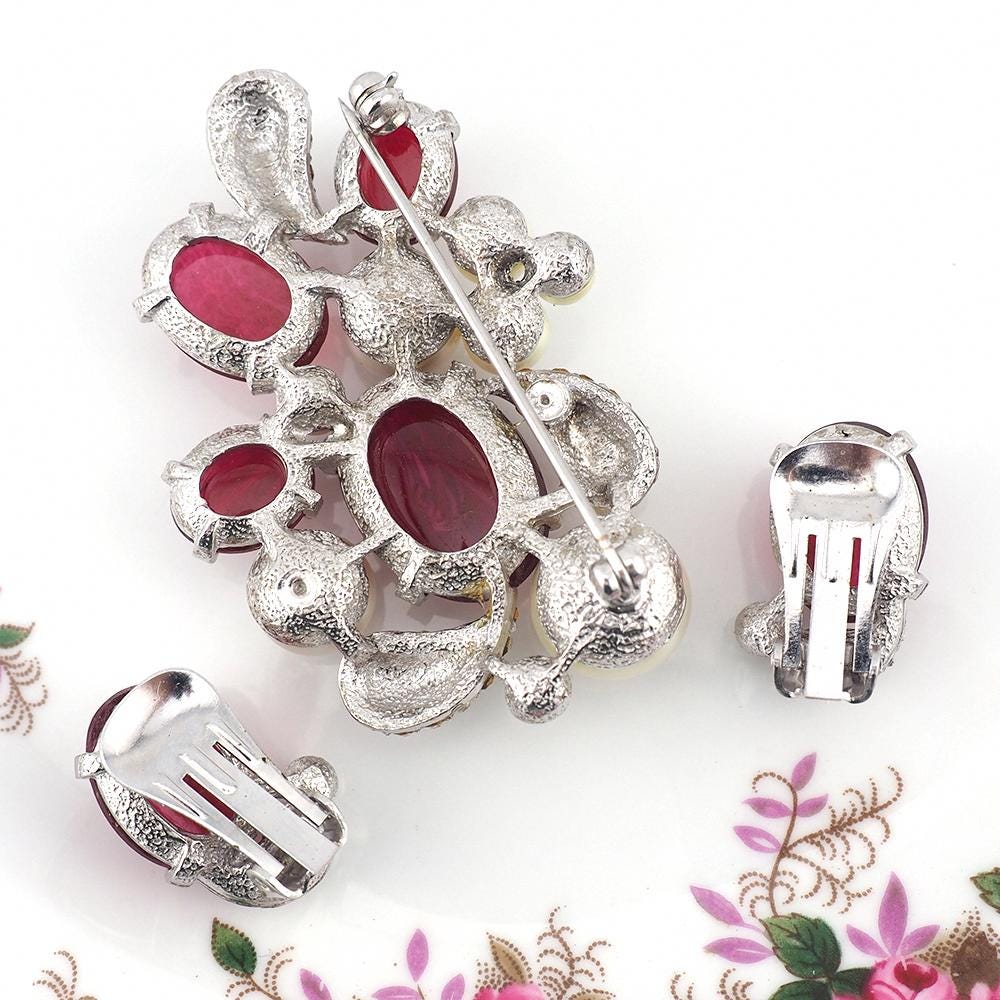 Vintage Marvella Brooch And Earrings, Faux Ruby Cabochon Set, Faux Pearl Brooch, Rhinestone Brooch, Rare Marvella Jewelry, Rare Marvella