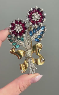 Coro Brooch, 1940s Brooch, Coro Bouquet Brooch, Coro Rhinestone Brooch, Vintage Coro Jewelry, Coro Vintage, 1940s Coro, Red White Blue