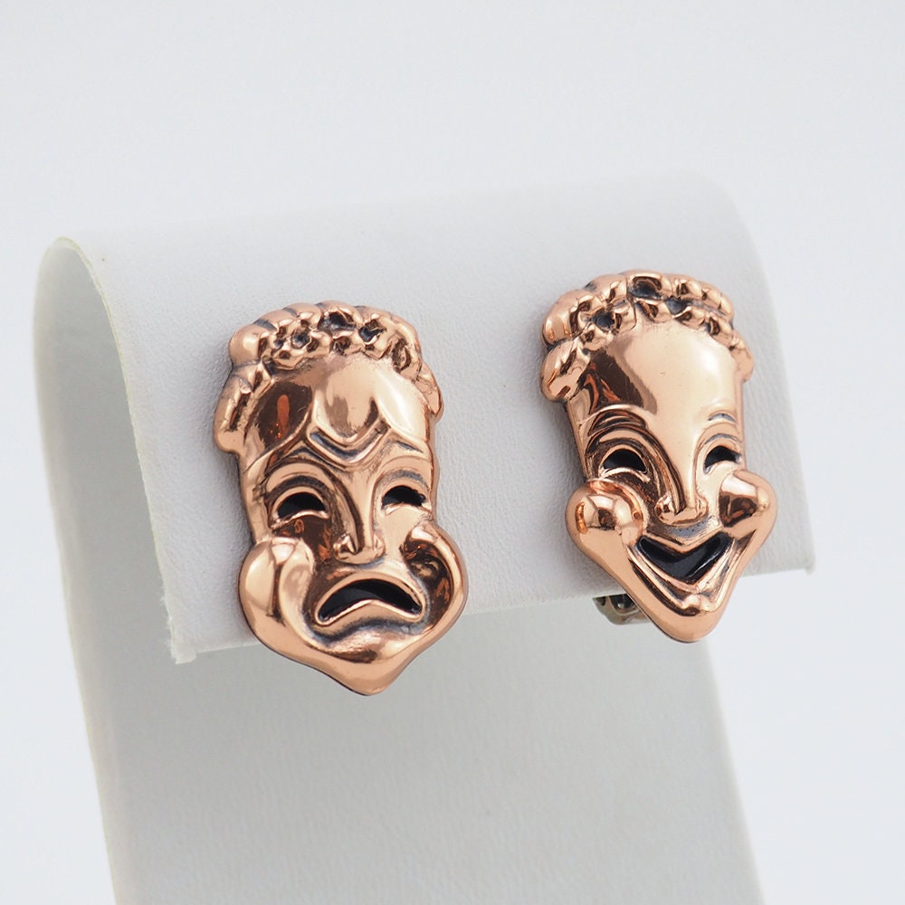 Vintage Earrings Renoir Drama Mask Copper Clip On