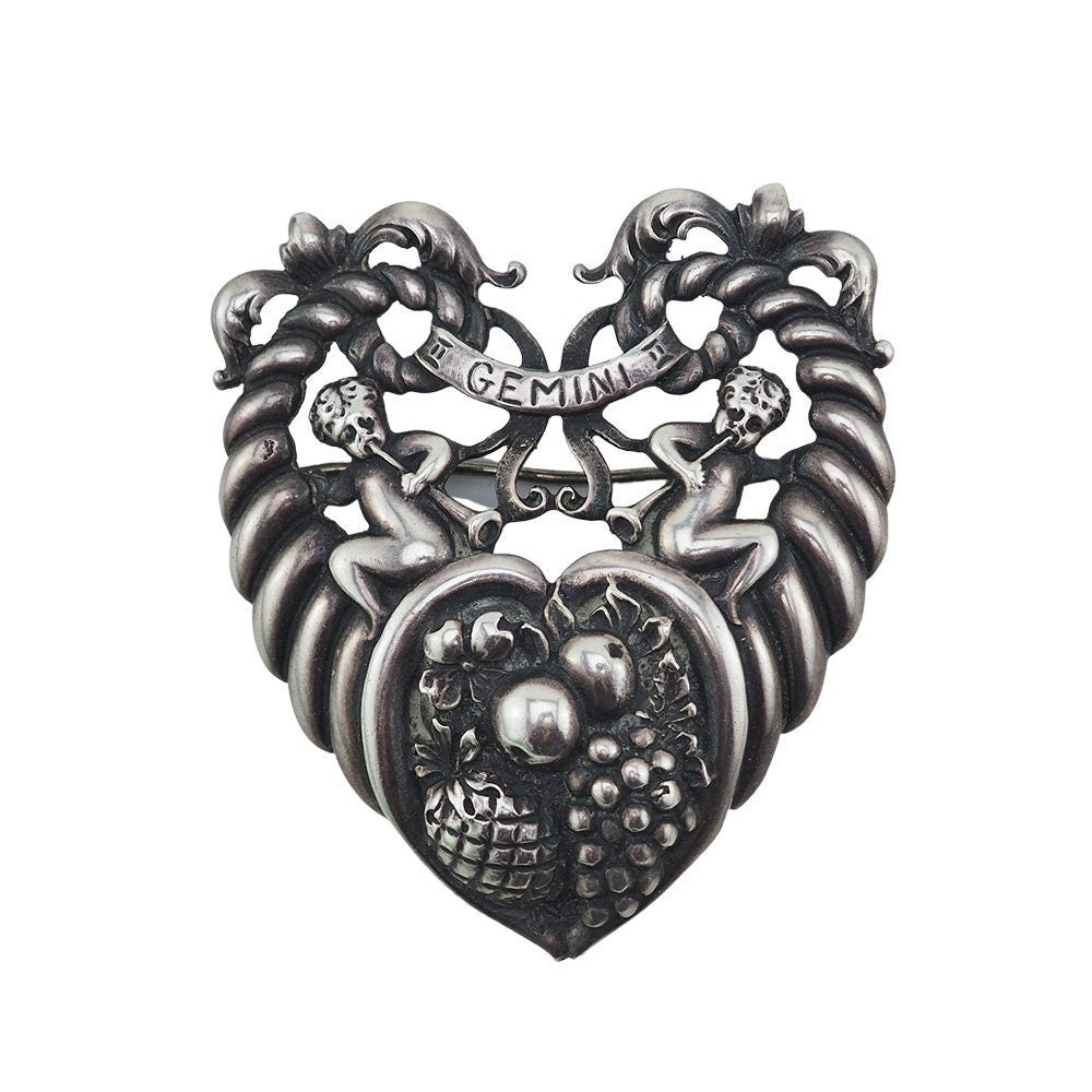 Vintage Sterling Silver Gemini Heart Pin fashion