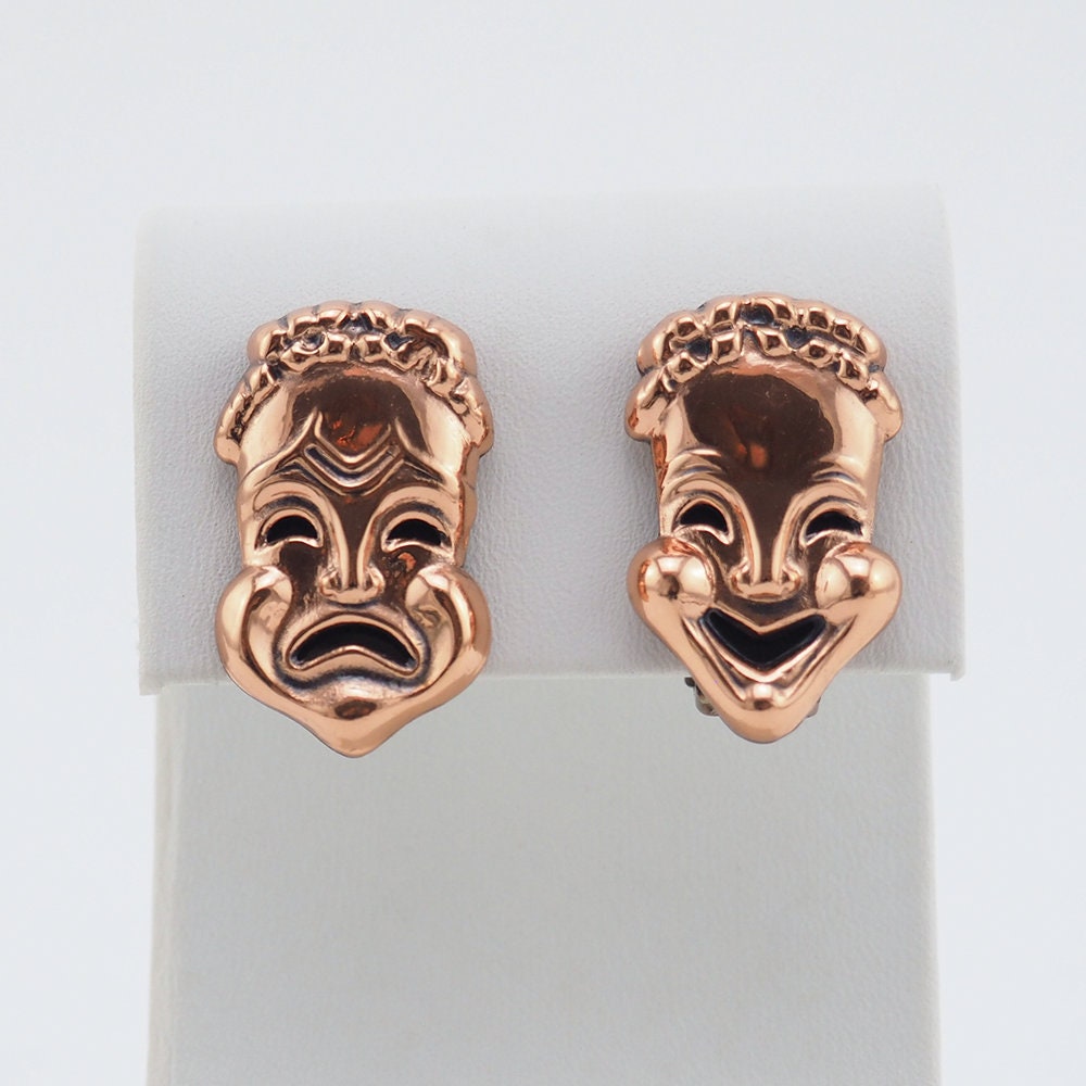Vintage Earrings Renoir Drama Mask Copper Clip On