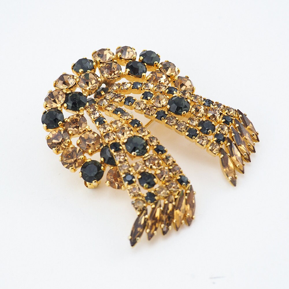 Vintage Topaz Black Rhinestone Brooch