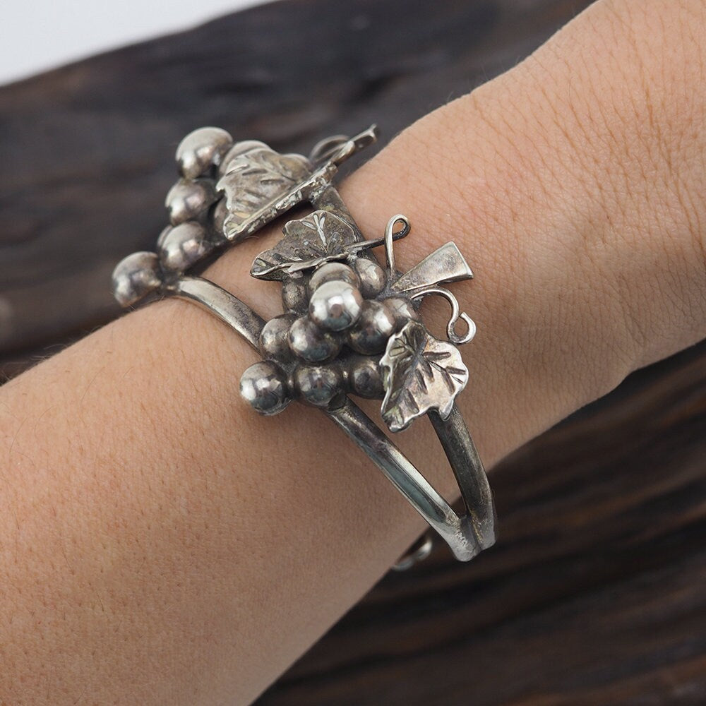 Vintage Mexcian Sterling Silver Grapes Cuff Bracelet