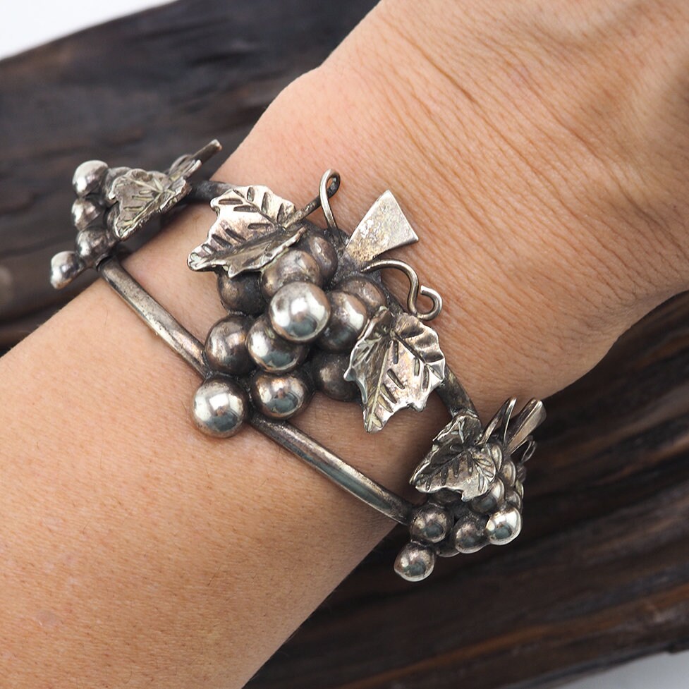 Vintage Mexcian Sterling Silver Grapes Cuff Bracelet