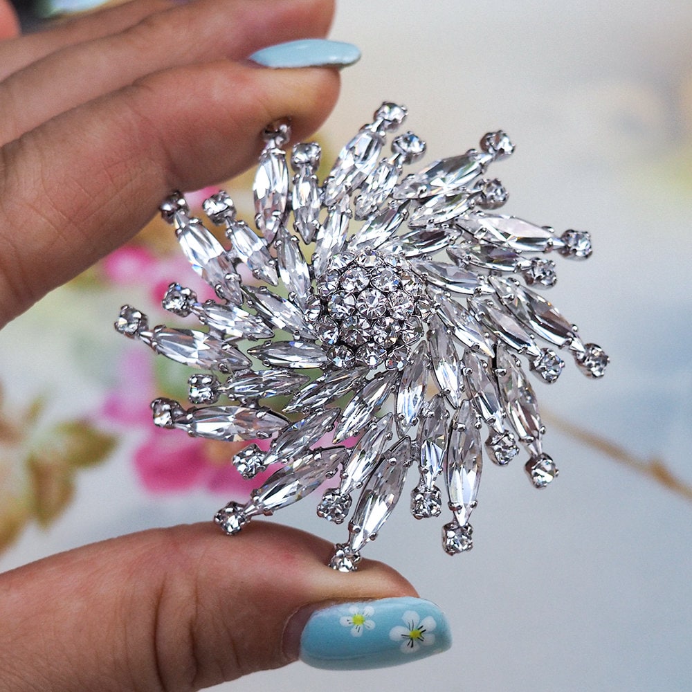 Sherman Brooch, Vintage Brooch, Clear Crystal Brooch, Flower Brooch, Gustave Sherman, Rhinestone Brooch, Silver Tone Brooch, 1960s Brooch